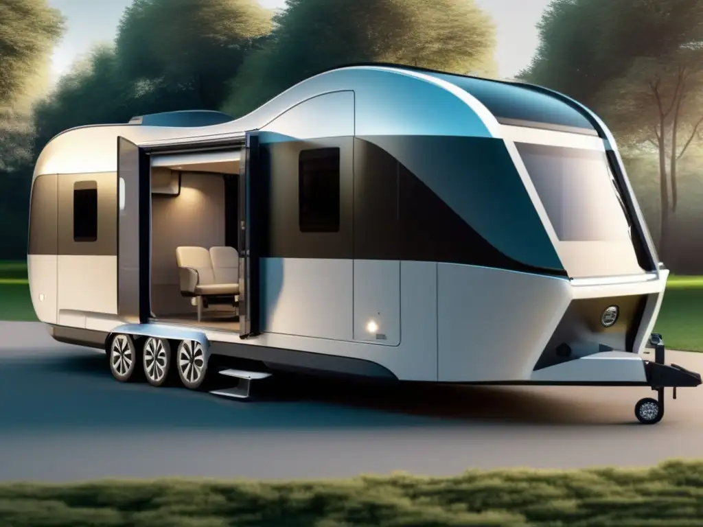 Autocaravana accesible para personas con movilidad reducida Viajar con movilidad reducida en autocaravana con rampa de acceso, diseño futurista, tecnología avanzada y entorno natural