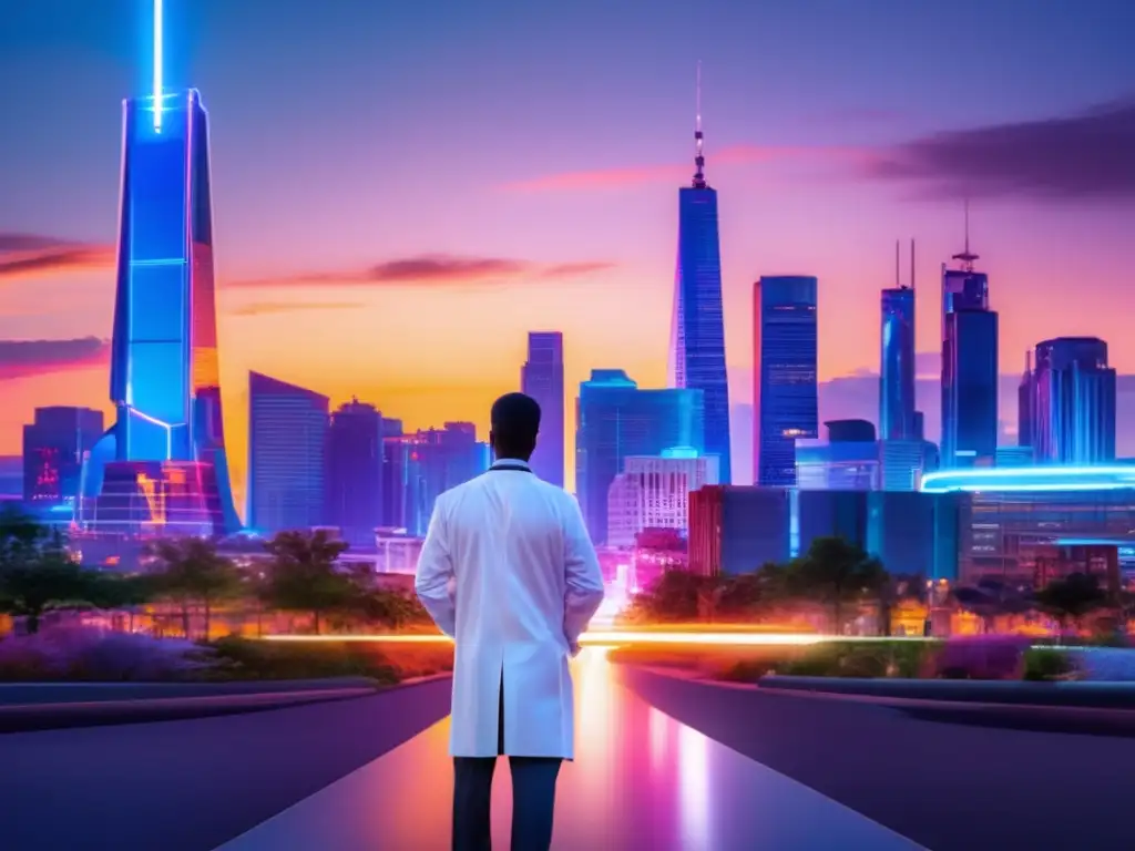 Ciudad moderna con telemedicina Ciudad moderna al atardecer, edificios iluminados con luces de neón