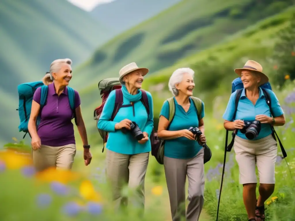 Grupo de viajeros mayores en paisaje natural exuberante Viajeros mayores disfrutan de los beneficios del ecoturismo