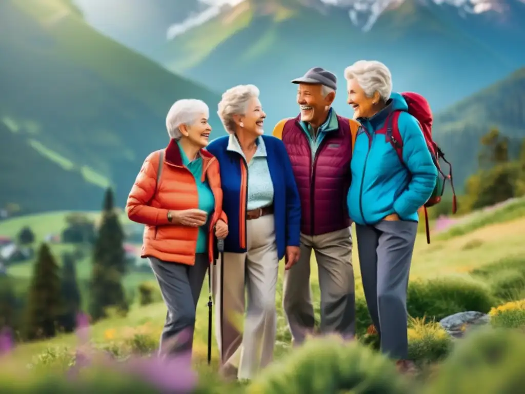Grupo de mayores disfrutando de la naturaleza Grupo seniors en montaña con paisaje vibrante y ropa cómoda, transmitiendo camaradería y emoción