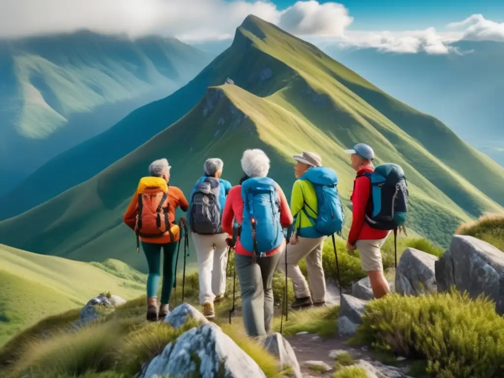 Grupo de senderistas mayores en cima montaña Grupo de senderistas senior en una montaña con consejos nutricionales para senderismo senior