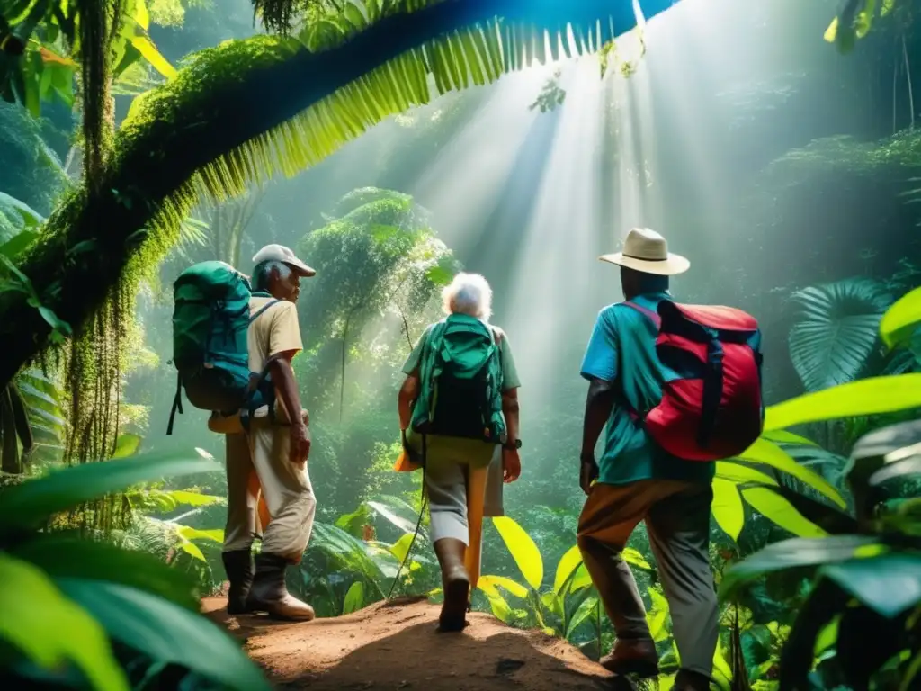 Excursion emocionante en la selva amazónica Aventuras seguras en la Amazonía para adultos mayores en un denso y vibrante bosque lluvioso, guiados por un experto en senderismo