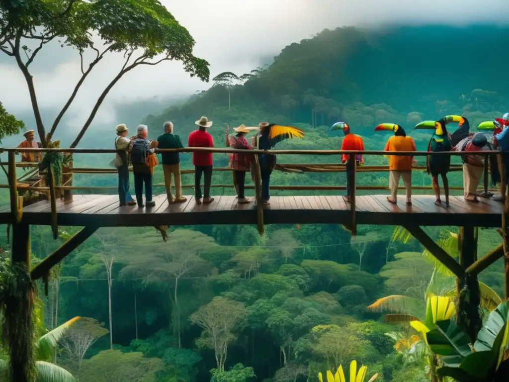 Viajes aventura adultos mayores en la selva amazónica: grupo de seniors explorando la biodiversidad con binoculares