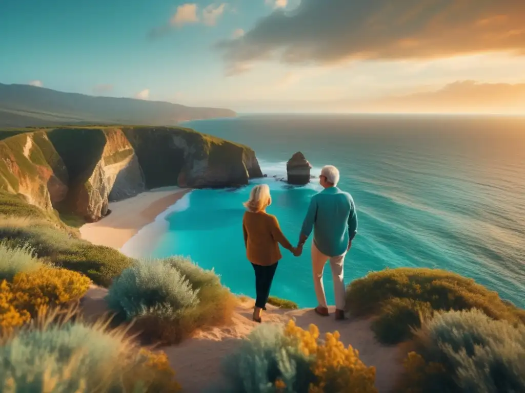 Pareja mayor admirando el mar turquesa Pareja madura disfrutando de hermoso acantilado y océano turquesa