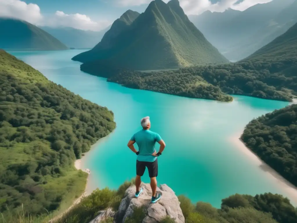 Hombre realizando yoga en paisaje natural Ejercicios para viajeros maduros: hombre haciendo yoga en un paisaje natural impresionante