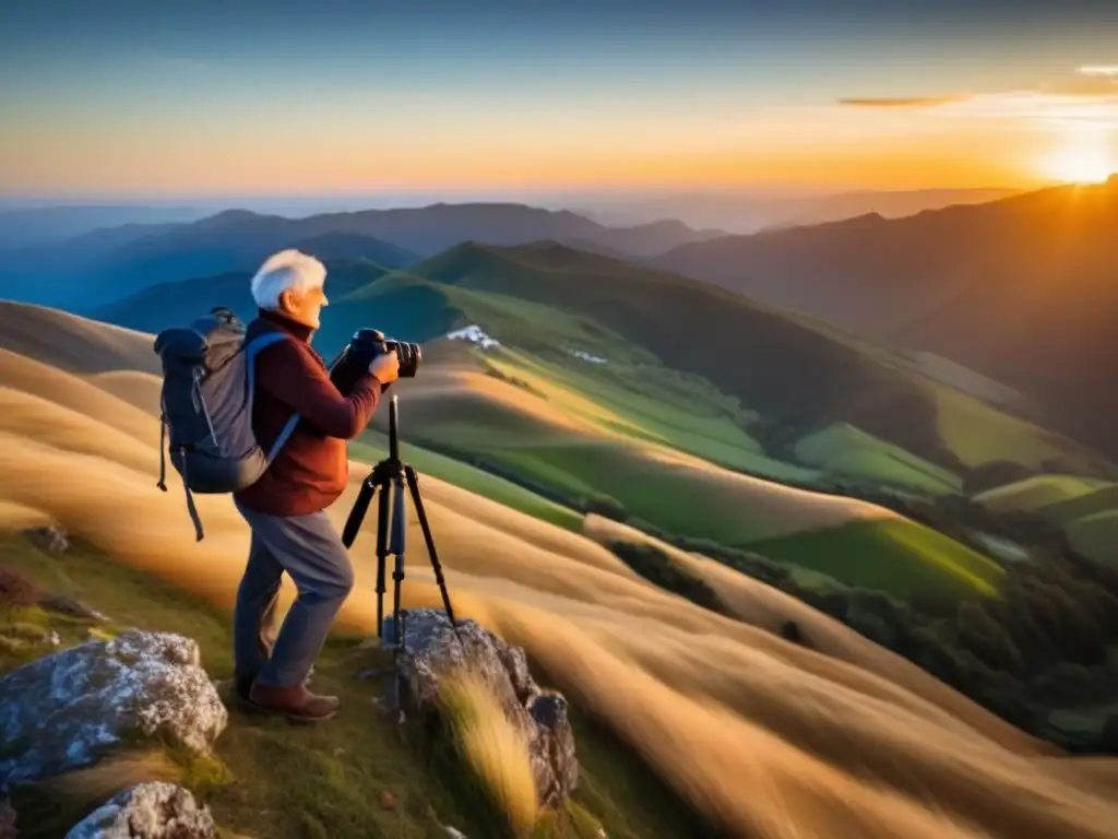 Fotografo senior capturando la belleza del mundo Fotografía de viajero senior con accesorios fotográficos de calidad en paisaje impresionante