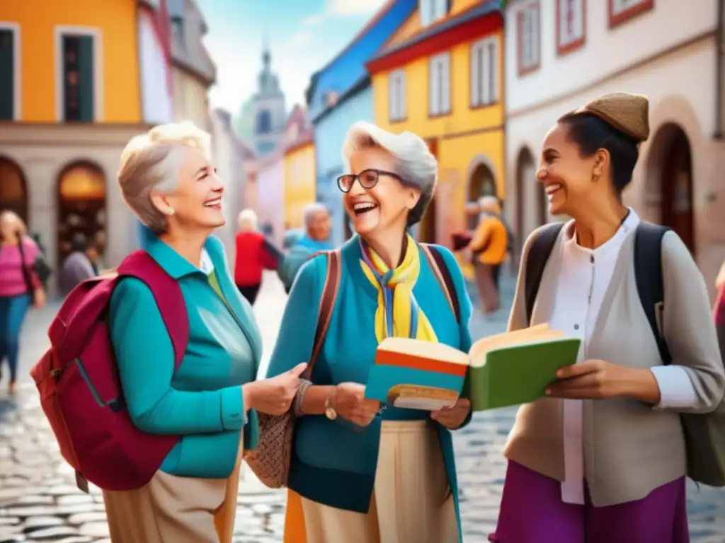 Aventuras lingüísticas en una ciudad europea Viajes lingüísticos para adultos mayores en ciudad europea pintoresca con calles empedradas y edificios coloridos