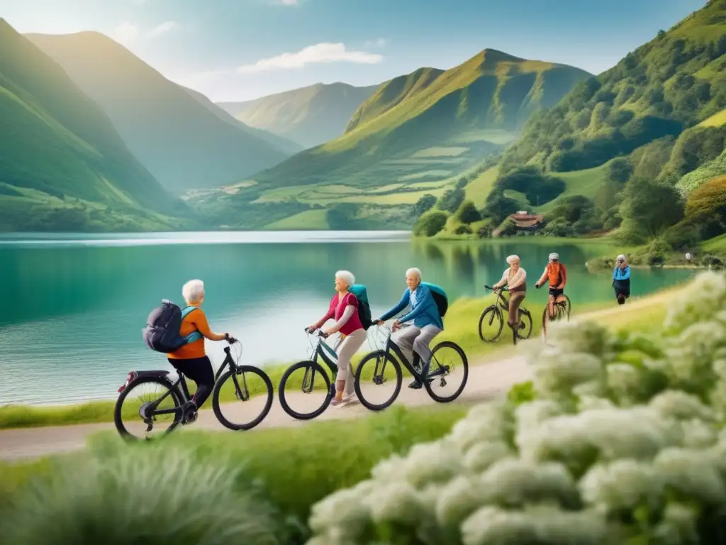 Seniors enjoying outdoor activities in a picturesque landscape Seniors disfrutando actividades al aire libre con precauciones de salud en viajes