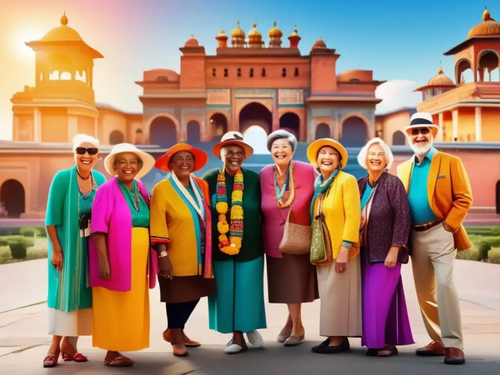 Grupo de viajeros mayores felices frente a un famoso monumento Viajes seniors sin problemas comunes visados