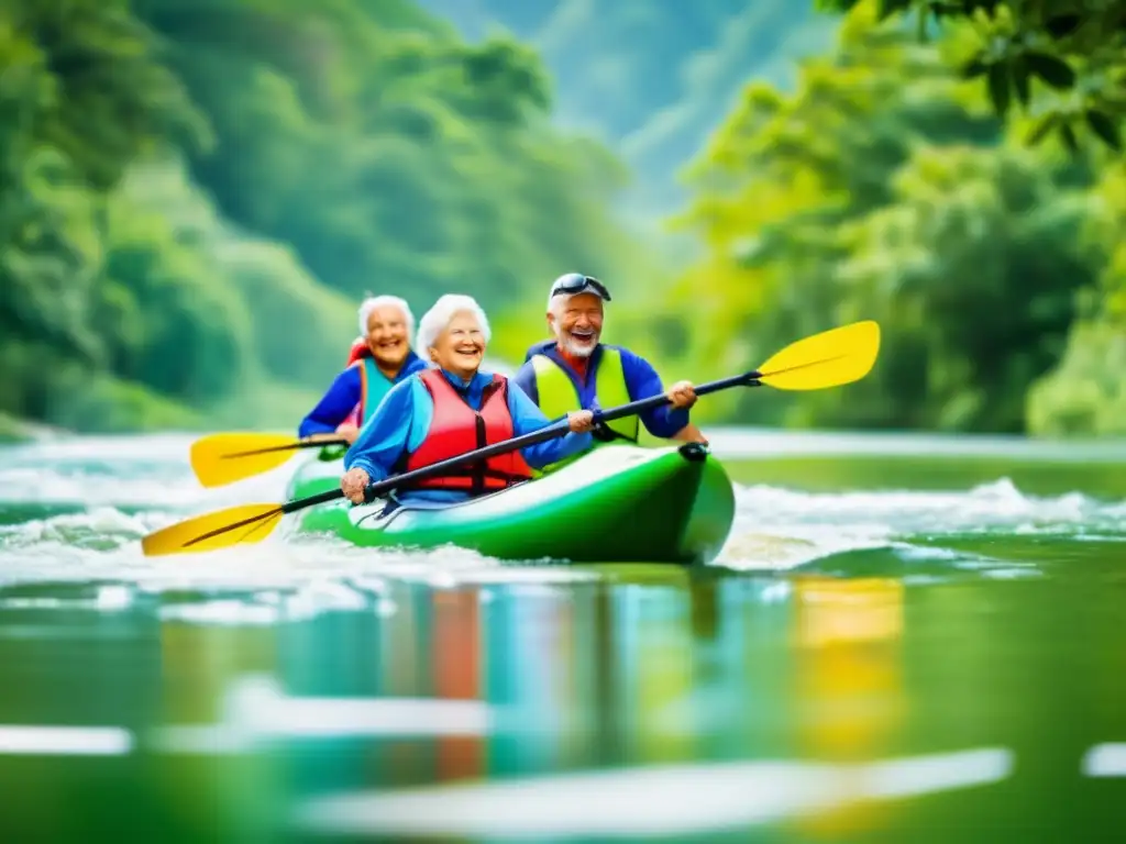Aventura y alegría en el río con kayak Actividades de aventura para seniors en un impresionante escenario natural