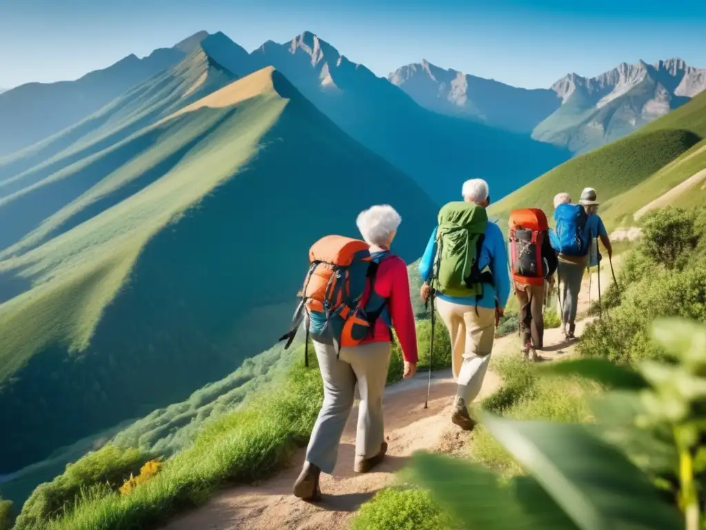 Grupo de mayores disfrutando una aventura emocionante Actividades de aventura para seniors en paisaje montañoso con camaradería y emoción
