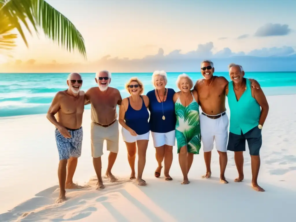 Grupo de viajeros senior disfrutando de una playa paradisíaca Grupo de viajeros senior disfrutando de una hermosa playa, resaltando las ventajas de viajar juntos