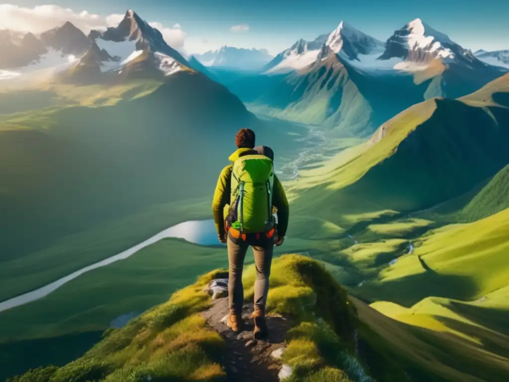 Viajero en la cima de montaña majestuosa Viajero en montaña con paisaje impresionante - Seguro de viaje para aventuras seguras