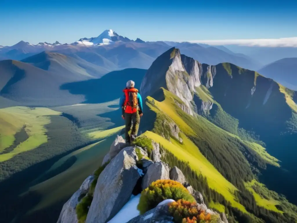 Aventurero en la cima de montaña majestuosa Un aventurero maduro disfruta de la naturaleza, con consejos de salud para viajeros maduros