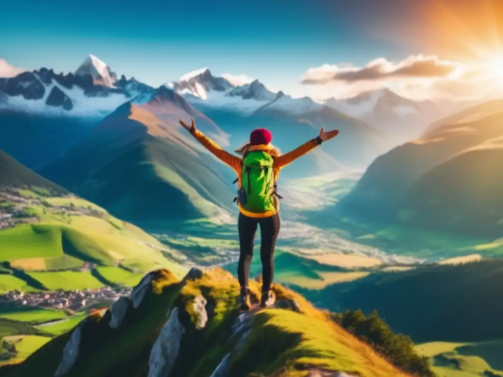 Viajero feliz en la montaña Viajero feliz en la cima de una montaña: Estrategias mentalidad positiva viajes