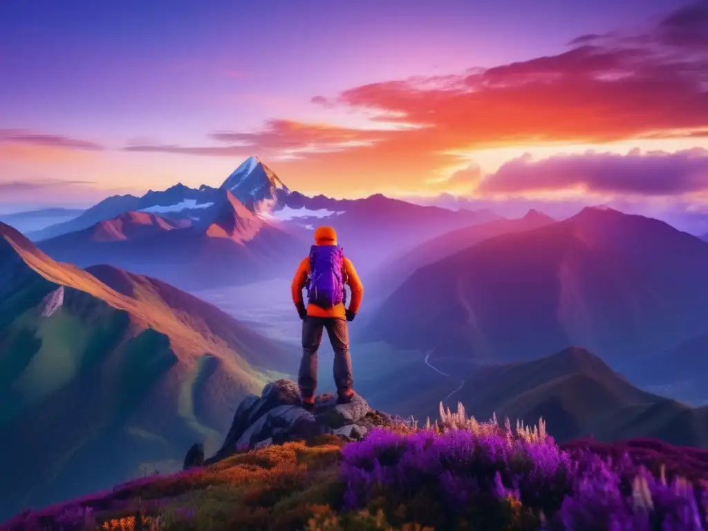 Senior aventurero en la cima de una montaña majestuosa Un aventurero senior en la cima de una montaña, señalando el amanecer