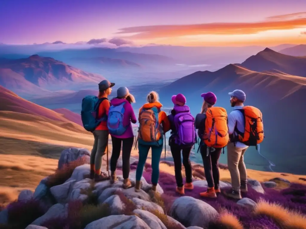 Aventureros en la cima de una montaña Grupo de aventureros en montaña, seguro de viaje para aventuras seguras