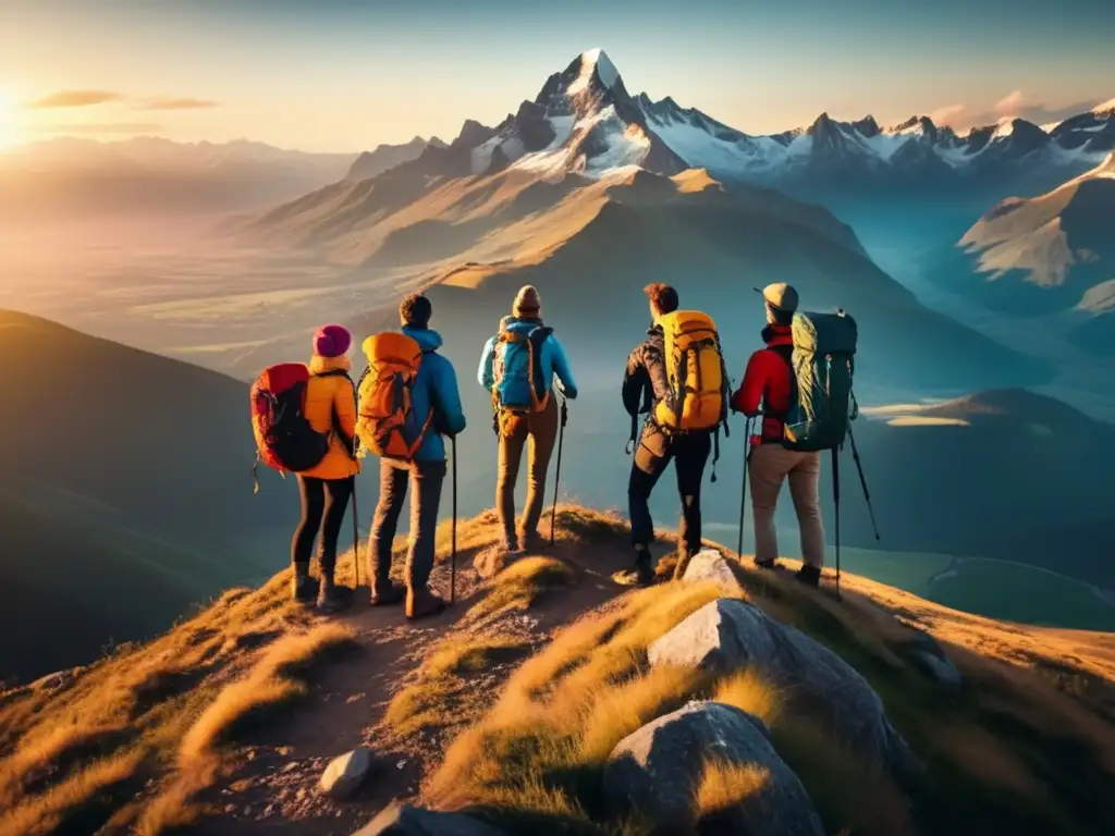 Aventureros en la cima de una montaña Aventureros en montaña disfrutando de paisaje impresionante