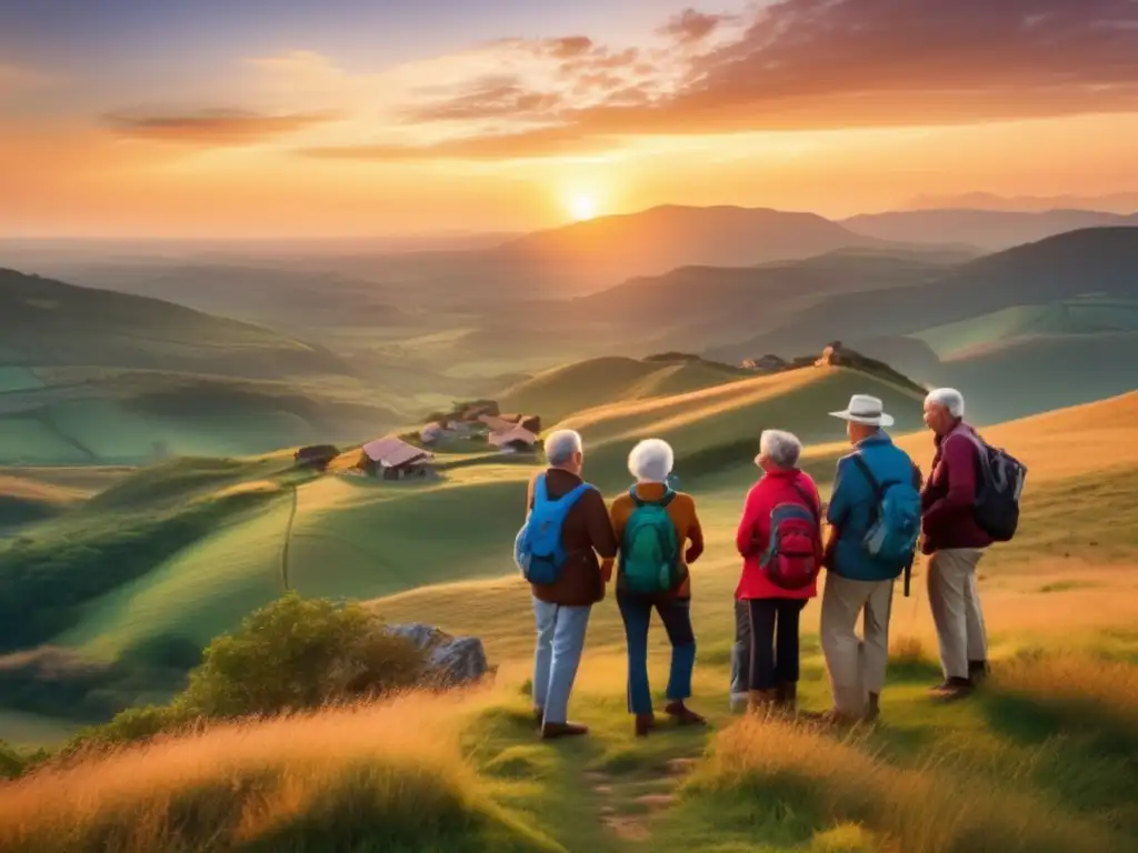 Maduros viajeros disfrutando de un paisaje impresionante Destinos emergentes para viajeros maduros en paisaje impresionante y vibrante al amanecer