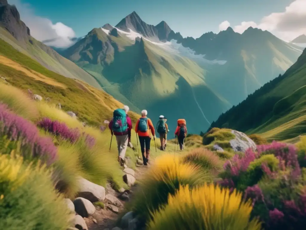 Viajes de aventura para mayores tendencia - Grupo de mayores disfrutando de una caminata energética en una impresionante montaña