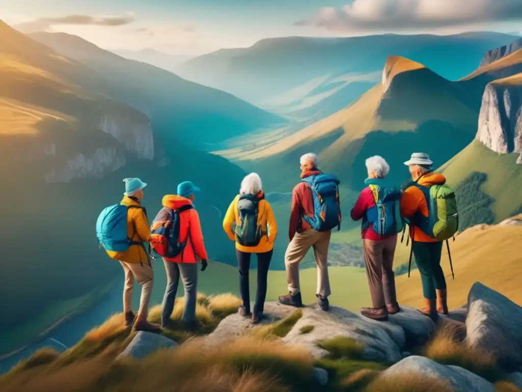Aventureros seniors disfrutando del paisaje Aventuras senior precios asequibles en paisaje montañoso con emocionados aventureros