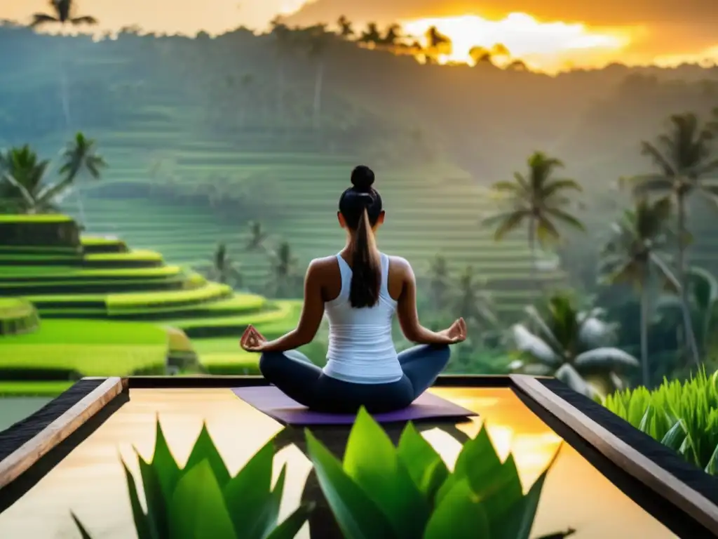 Belleza serena de Bali: yoga y paisajes Viajes espirituales en Bali: imagen serena de Bali, con amanecer sobre terrazas de arroz, palmeras y templos tranquilos en medio de la naturaleza