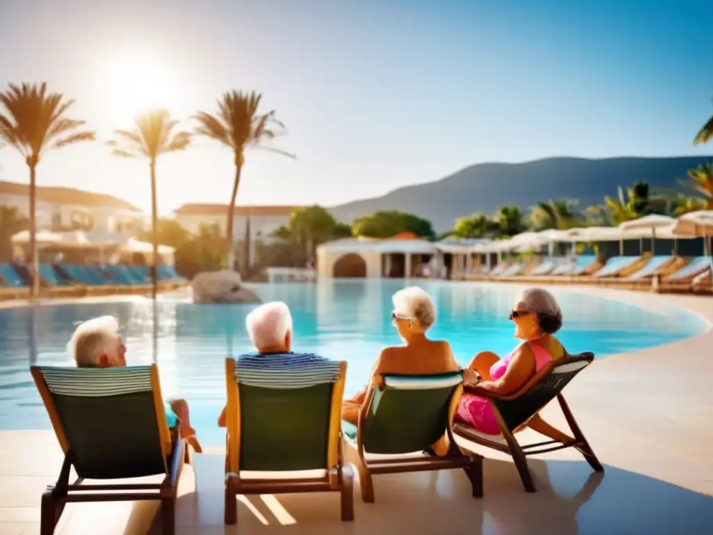 Día relajante en balneario para adultos mayores Grupo de mayores disfrutando en un balneario junto al mar - Consejos para viajes a balnearios para mayores