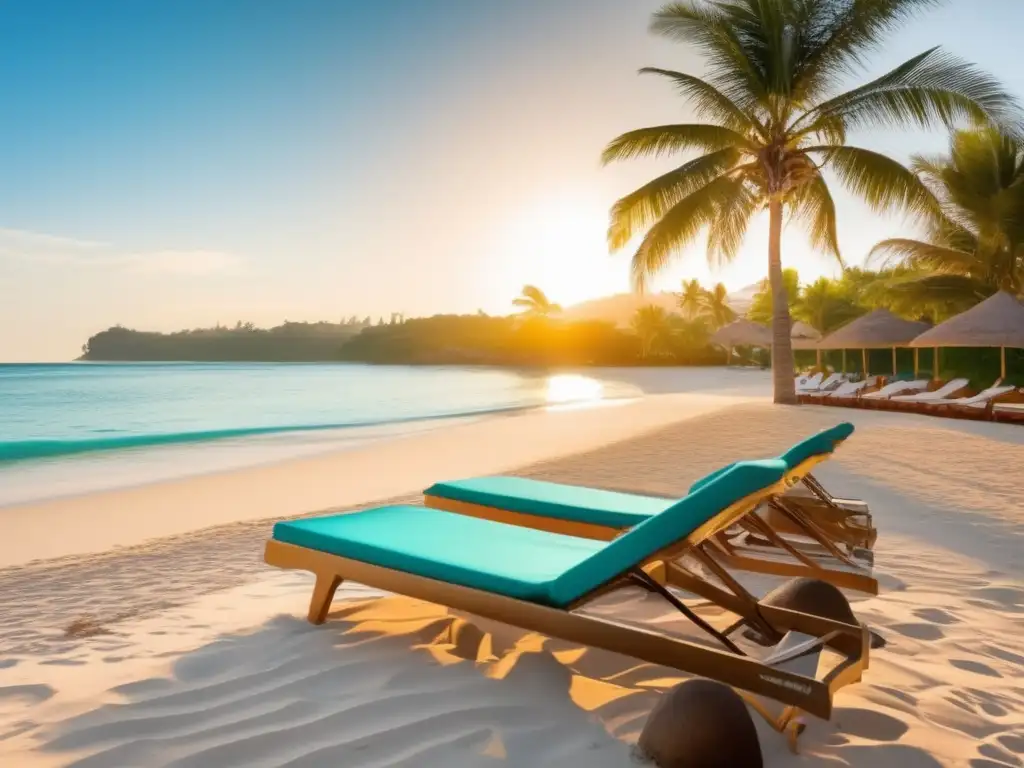 Paraíso costero: balneario sereno y relajante Balneario saludable para mayores: playa idílica con aguas turquesas, palmeras verdes y relajante ambiente