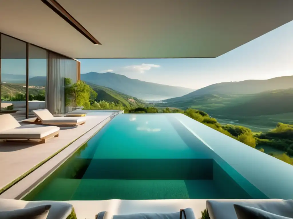 Balneario para seniors: tranquilidad y bienestar Preparación viaje balneario mayores: Vista panorámica 8k de un balneario moderno rodeado de montañas verdes, con piscina infinita y actividades para adultos mayores