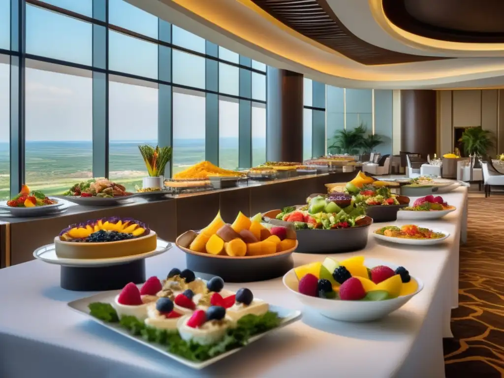 Exquisito buffet de hotel con opciones saludables Un buffet de hotel con una amplia variedad de platos saludables y tentadores: Consejos para mantener la dieta en un buffet de hotel