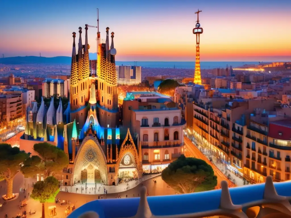 Vista panorámica de Barcelona al atardecer Viaje lingüístico a Barcelona al atardecer - Ciudad vibrante, Sagrada Familia, mar Mediterráneo - Viajes lingüísticos para adultos mayores