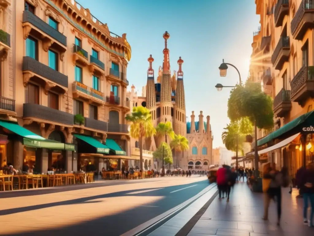 Calle animada en Barcelona Barcelona, España: Calle bulliciosa con edificios históricos, balcones y la icónica Sagrada Familia