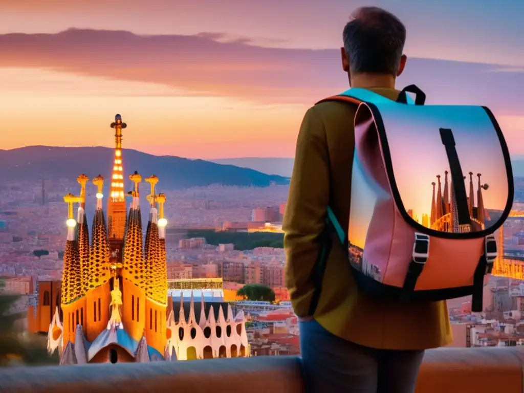 Barcelona al atardecer, invitando a la aventura Paisaje urbano de Barcelona al atardecer, la emblemática Sagrada Familia y un viajero solitario - Ventajas y desventajas de viajar solo o en grupo