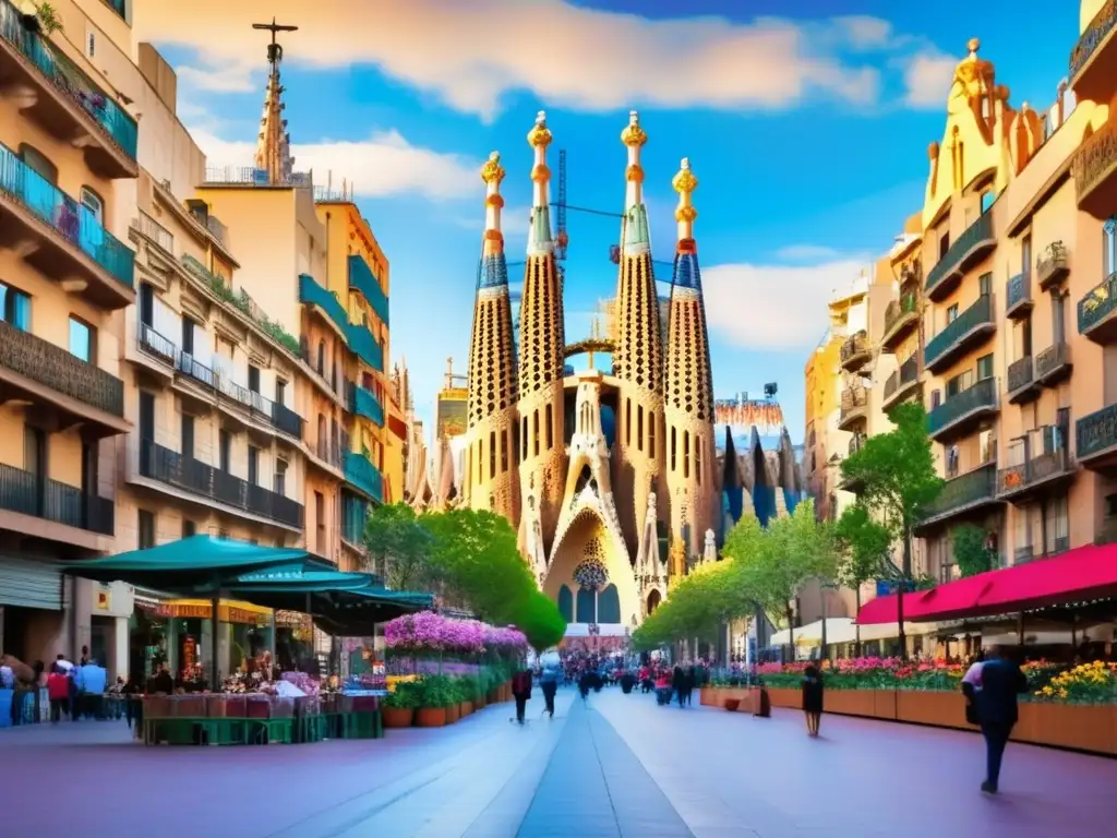 Encanto callejero en Barcelona Barcelona, España: vibrante calle con Sagrada Familia y coloridos edificios
