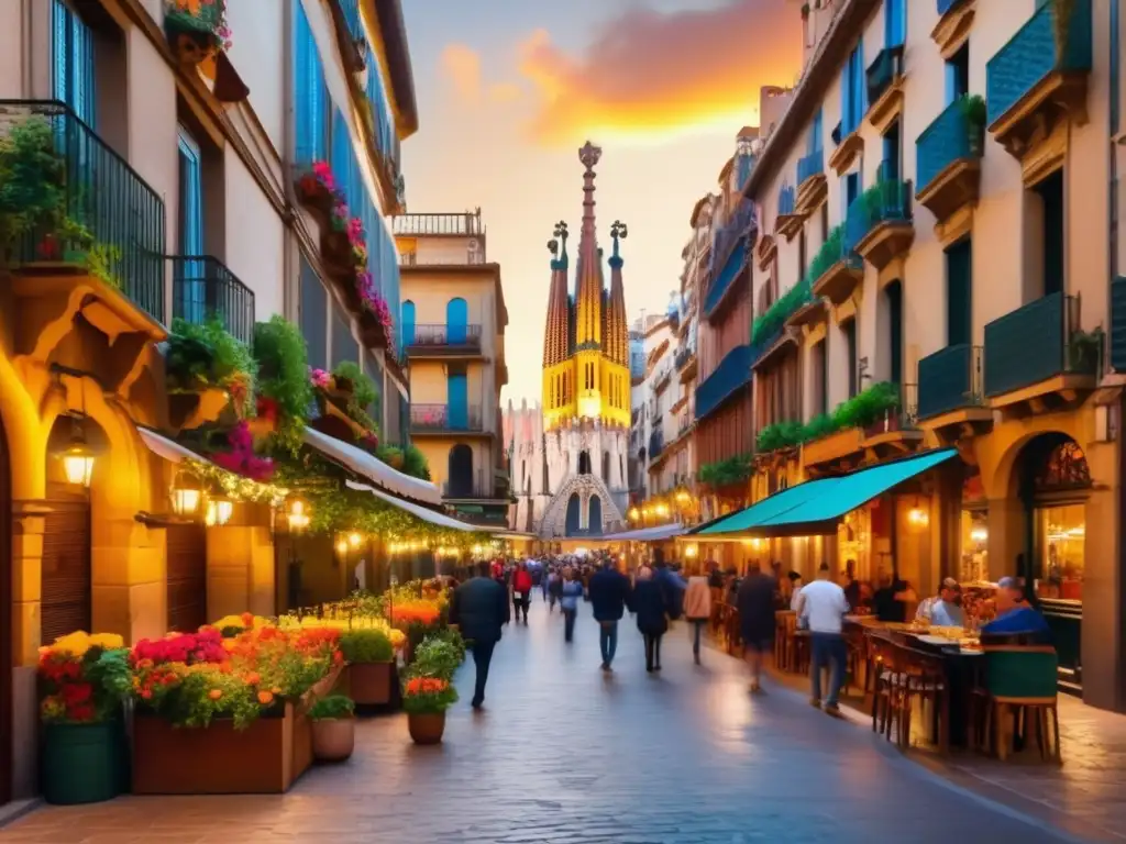 Vibrante escena en las calles medievales de Barcelona Barrio Gótico de Barcelona: Escena vibrante con edificios medievales, balcones coloridos, tapas vegetarianas y turistas