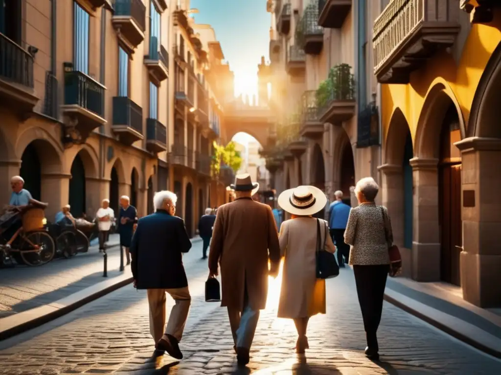 Grupo de adultos mayores disfrutando Barcelona Grupos de adultos mayores explorando hermoso Barrio Gótico en Barcelona - Destinos turísticos en Barcelona para adultos mayores