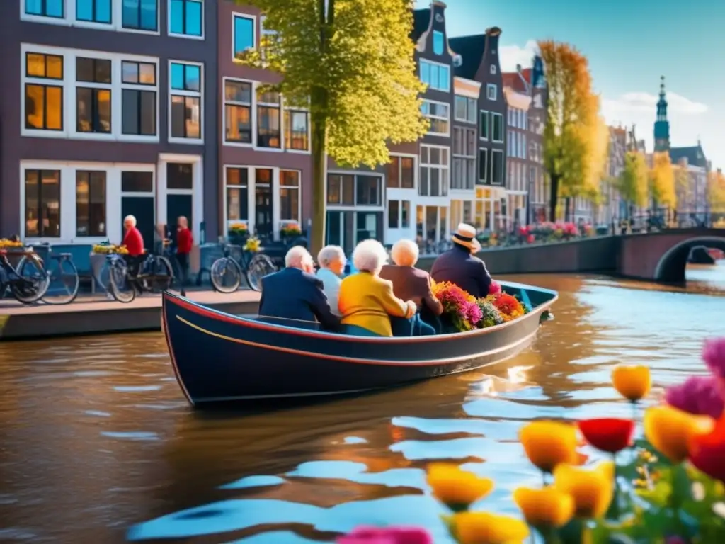 Un paseo en barco por los canales de Ámsterdam Atractivos turísticos en Ámsterdam para mayores: paseo en barco por los canales con personas mayores felices y arquitectura distintiva