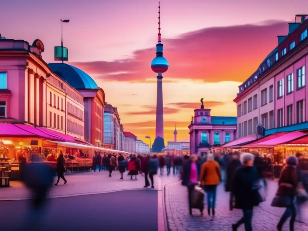 Vibrante escena de la calle de Berlín al atardecer Aventuras en Berlín para viajeros maduros - Vibrante escena callejera al atardecer con icónicos monumentos, tiendas y restaurantes