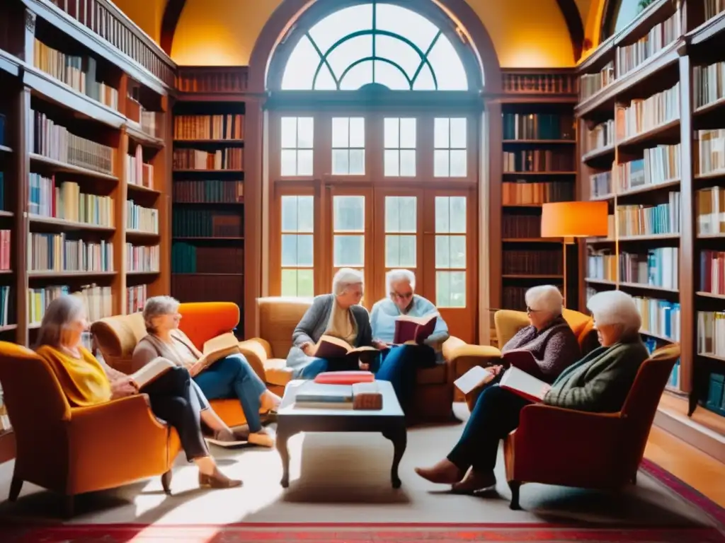 Grupo de viajeros mayores en biblioteca acogedora Clubes de libros para viajeros senior recomendados en una vibrante biblioteca acogedora con viajeros disfrutando de la lectura