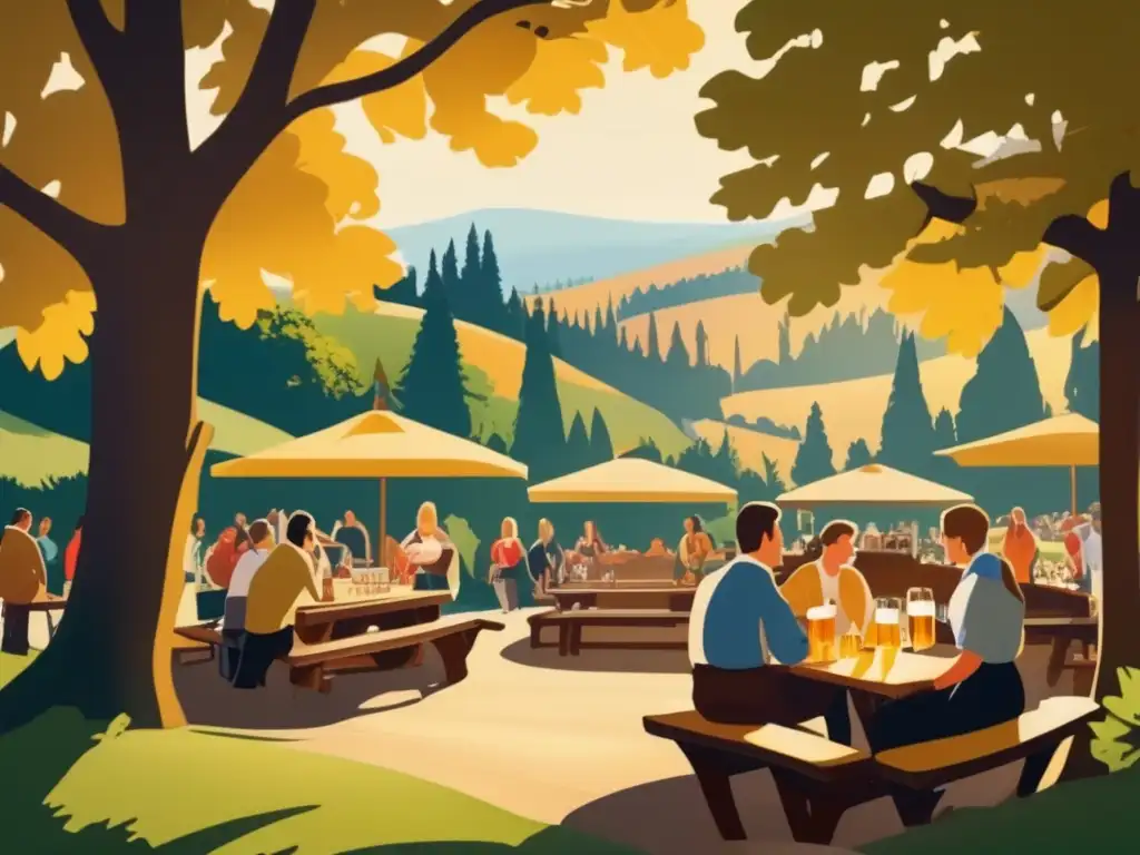 Jardín cervecero bávaro en colinas alemanas Tradición cervecera en Baviera, alegría en un jardín con mesas de madera bajo robles, variedad de cervezas alemanas