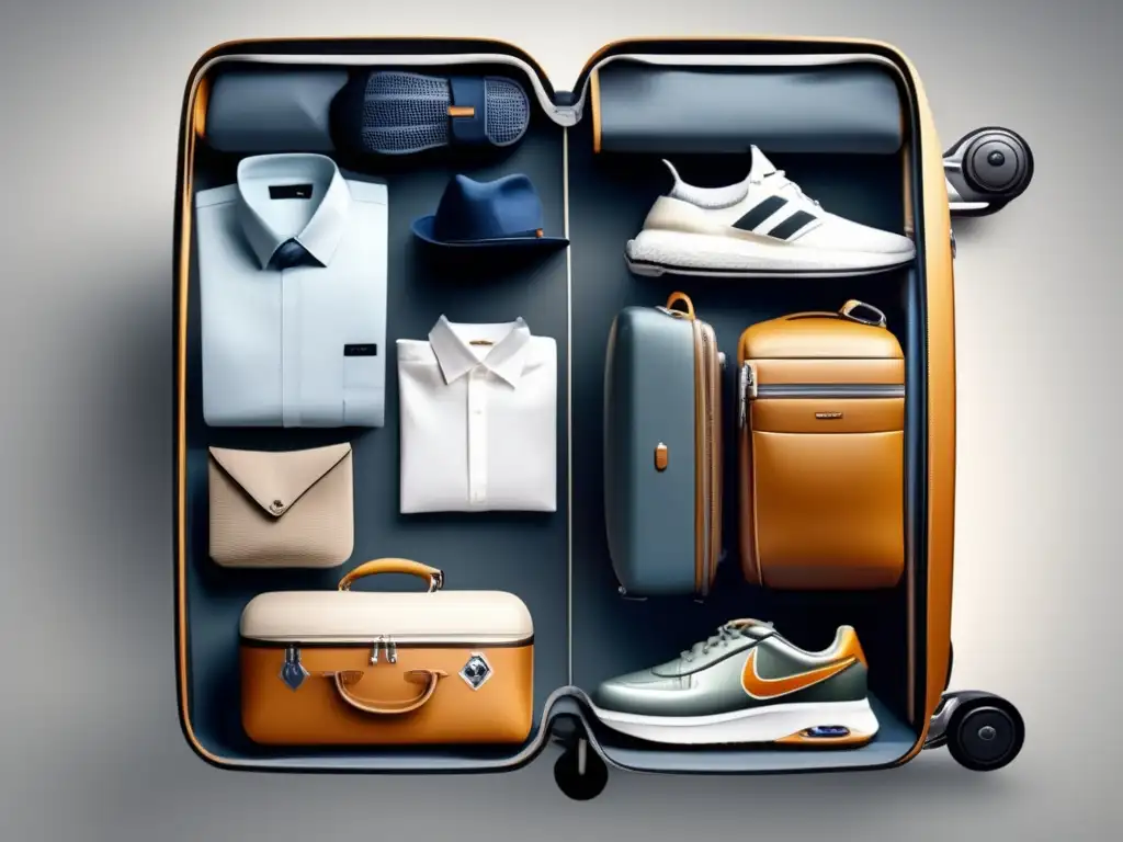 Equipaje de viaje organizado para viajero senior Elementos esenciales viajero senior en una elegante maleta con ruedas