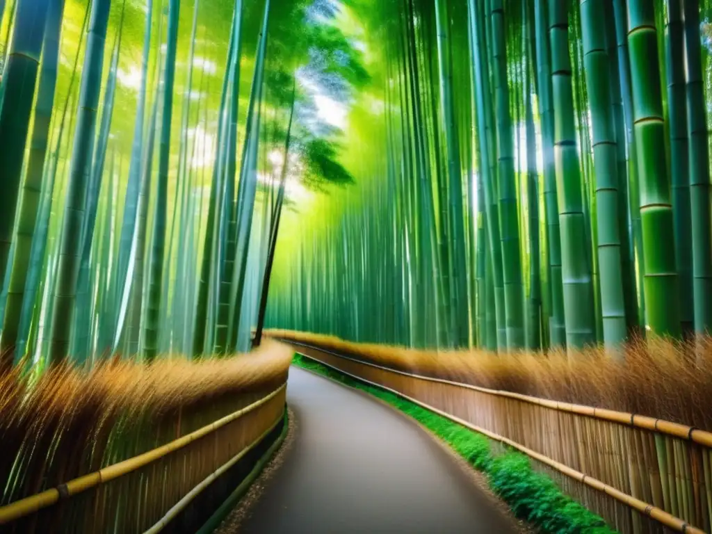 Sereno bosque de bambú en Kyoto, iluminado por la mañana Experiencias en Kyoto para viajeros maduros: sereno bosque de bambú en Kyoto, bañado en suave luz matutina