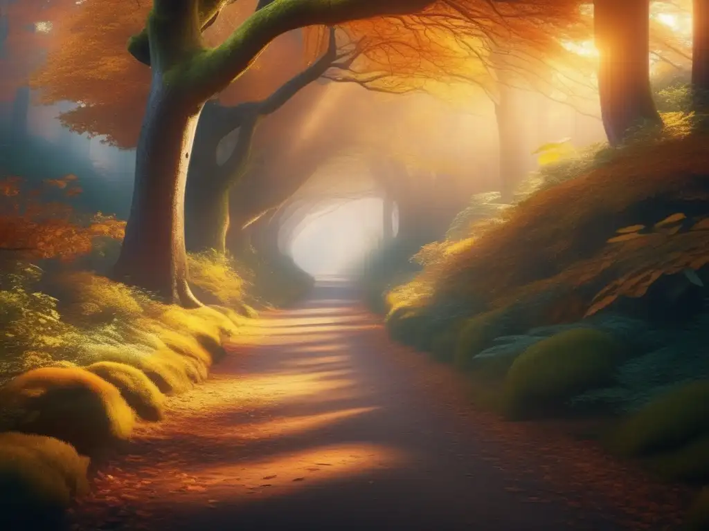 Camino mágico en el bosque ancestral Rutas de viaje ancestral para adultos mayores en un bosque encantador, con árboles antiguos, colores otoñales y una majestuosa arquería de piedra