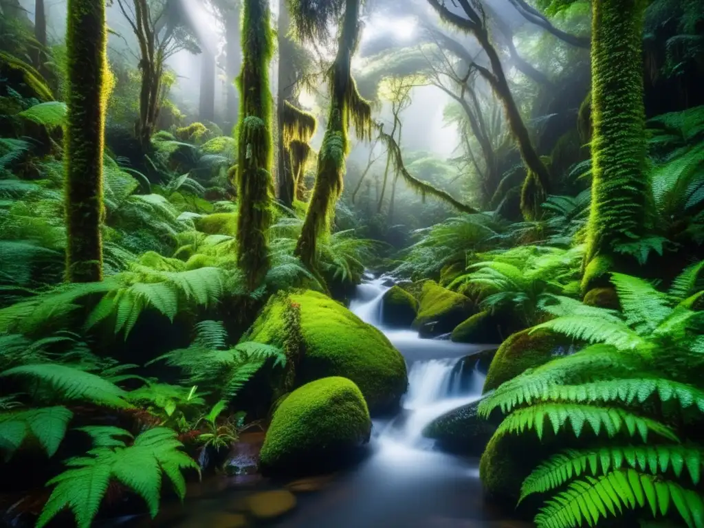 Bosque exuberante en Nueva Zelanda Un paisaje exuberante de bosque en Nueva Zelanda invita a viajes ecológicos para personas mayores