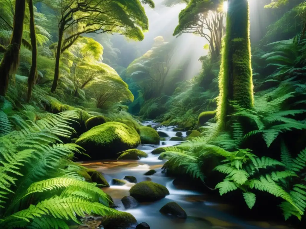 Bosque exuberante en Nueva Zelanda: naturaleza y ecoturismo Viajes ecológicos para personas mayores en Nueva Zelanda: un bosque exuberante con árboles altos, río cristalino y montañas nevadas