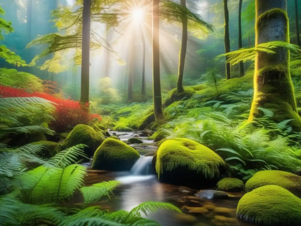 Bosque sereno y exuberante con árboles altos y un arroyo tranquilo Bosque sereno con árboles altos, luz dorada, arroyo y montañas - Precauciones viajes naturaleza seniors