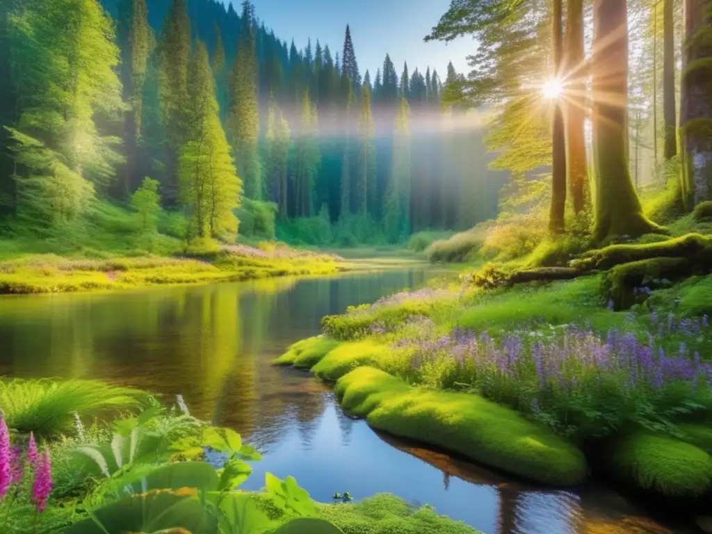 Bosque verde con viajeros sostenibles Beneficios del turismo sostenible en viajes: Bosque exuberante, río cristalino, viajeros felices y actividades eco-amigables