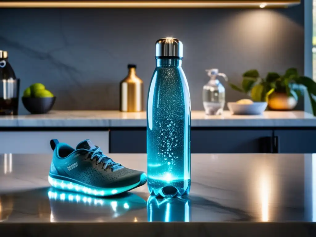 Botella de agua cristalina y zapatillas deportivas en un elegante entorno Consejos para una dieta baja en carbohidratos durante el viaje