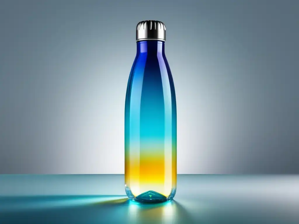 Botella de agua moderna y elegante con diseño vibrante y refrescante Botella de agua moderna y elegante, resalta la importancia de hidratarse durante viajes