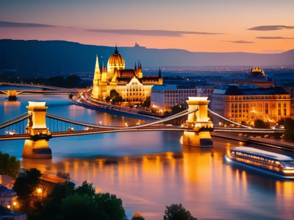 Experiencia de hospitalidad en Budapest para viajeros maduros - Vista deslumbrante del Puente de las Cadenas iluminado por el atardecer
